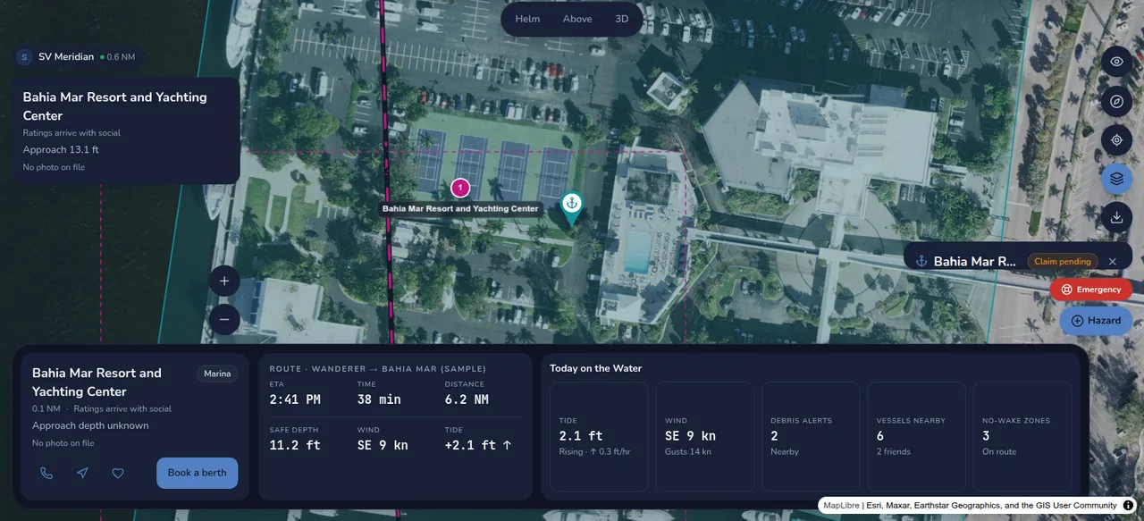 InteliWaterwayz satellite chart over Bahia Mar with a planned route, safe depth, wind and tide, and a berth booking panel.